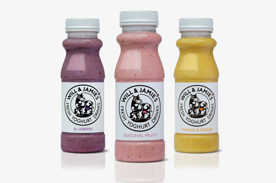 Logo and packaging created by Designers Anonymous for fresh yoghurt drink brand Will & Jamie's