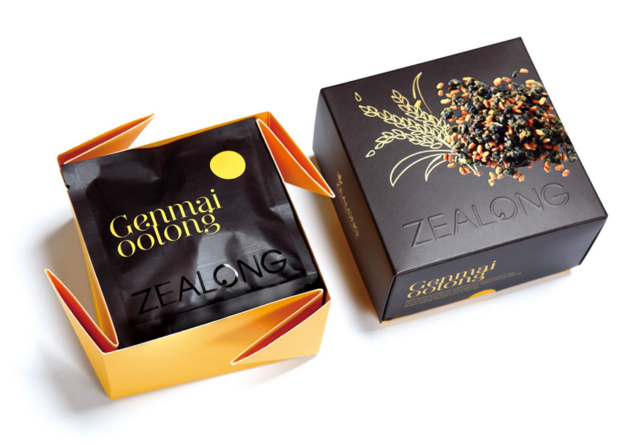 Packaging with UV varnish and blind emboss detail created by Victor Design for Zealong's oolong tea range 