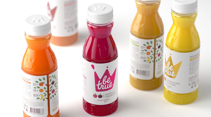 Packaging with coloured foil and raised surface details designed by Studio In for Russian smoothie brand Be True