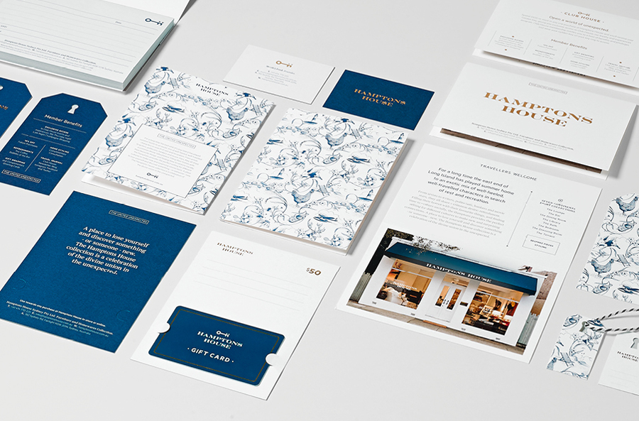 Logo and stationery with gold foil and illustrative detail designed by Moffitt.Moffitt for Sydney furniture and homeware retailer Hamptons House