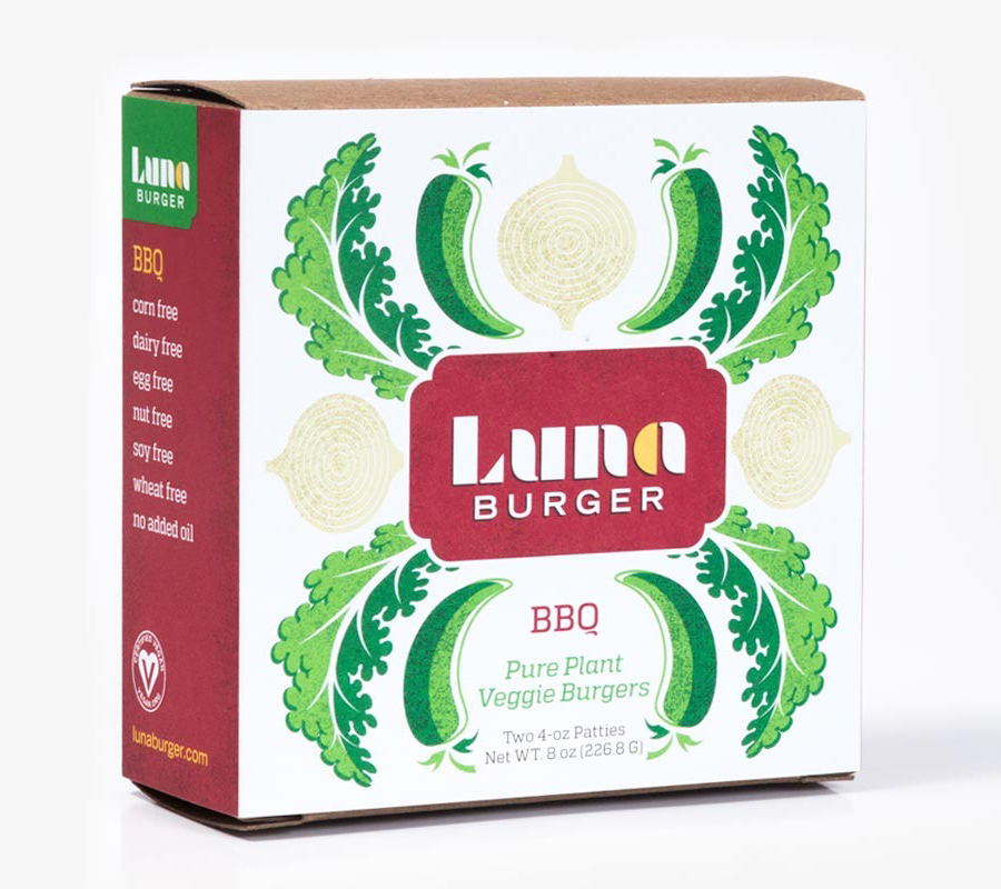 Packaging with illustrative detail for organic veggie and vegan burger range Luna Burger created by Slagle Design