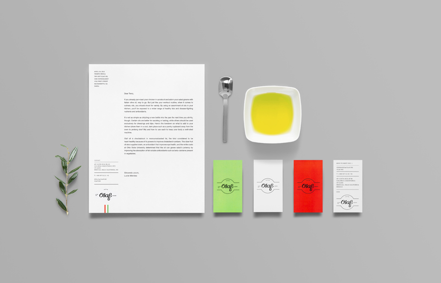 Logo and stationery for olive oil brand Olaf designed by Anagrama