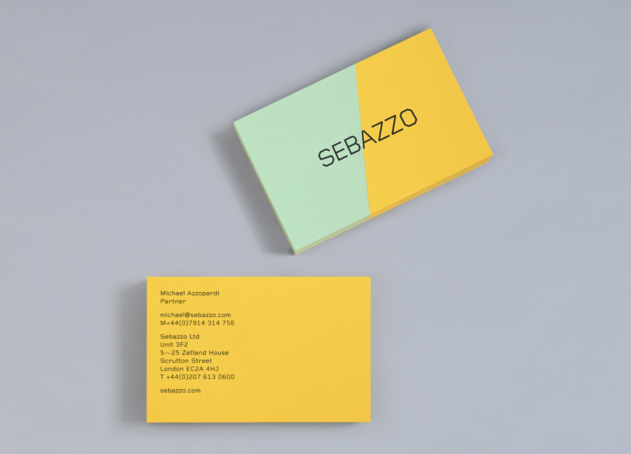 Logo and business card constructed from coloured board using a marquetry technique designed by Bunch for digital design studio Sebazzo