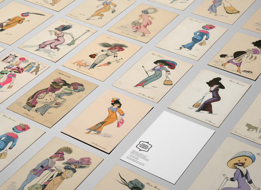 Postcards featuring vintage illustration designed by Charlie Smith Design for the Simone Handbag Museum