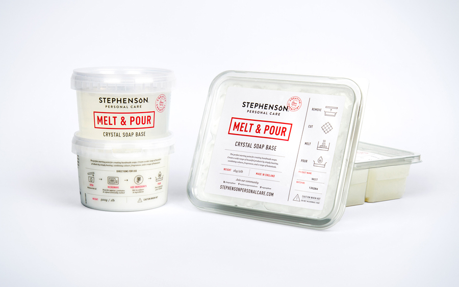 Logo, brand identity and packaging designed by Robot Food for UK soap base specialist Stephenson Personal Care