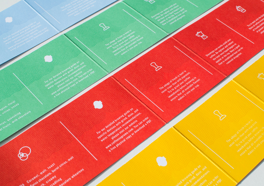 Coloured card labels designed by Marx Design for independent coffee roaster Coffee Supreme