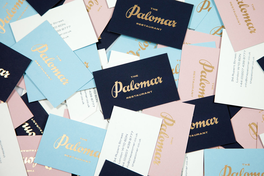 Logotype and business cards with gold foil detail designed by Here for Soho restaurant The Palomar
