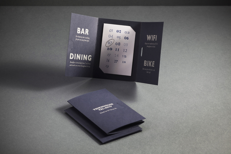 Room and reservation booklet with blue card detail designed by Koniak for Tel Aviv hotel Townhouse