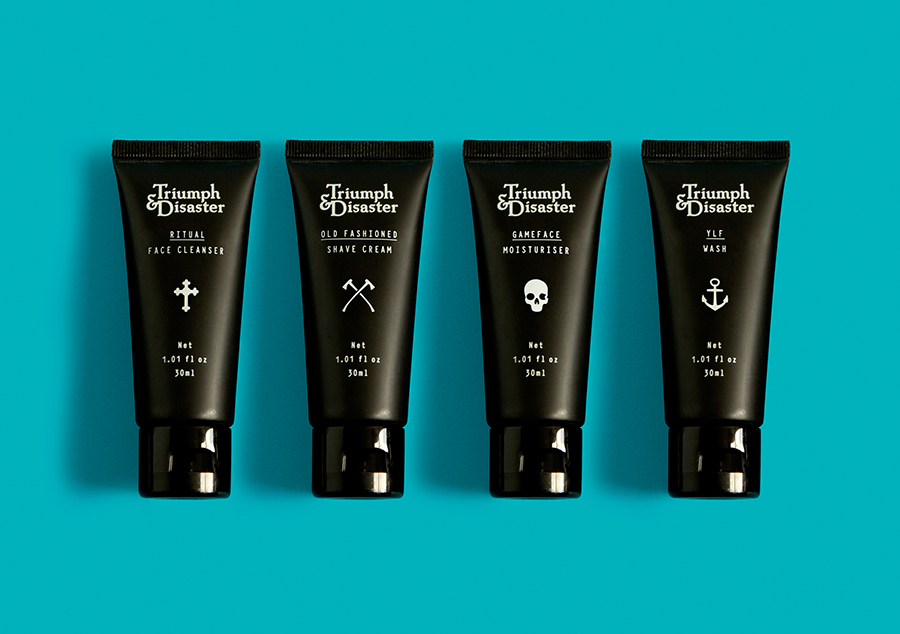 Male grooming and skincare travel packaging for Triumph & Disaster designed by DDMMYY