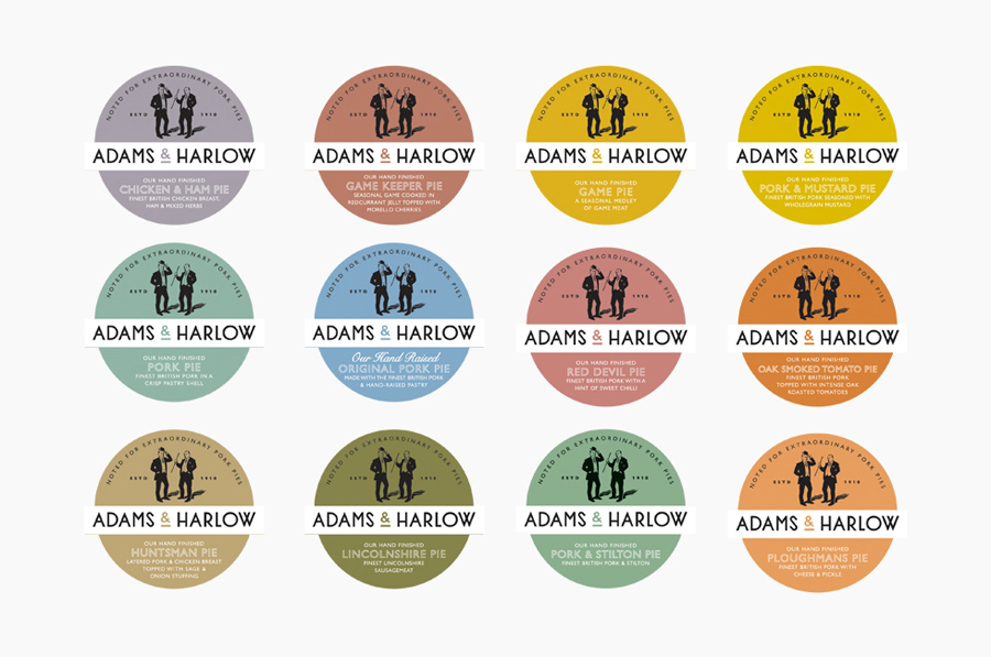 Pastel packaging labels created by Designers Anonymous for Lincolnshire made pork pie brand Adams & Harlow