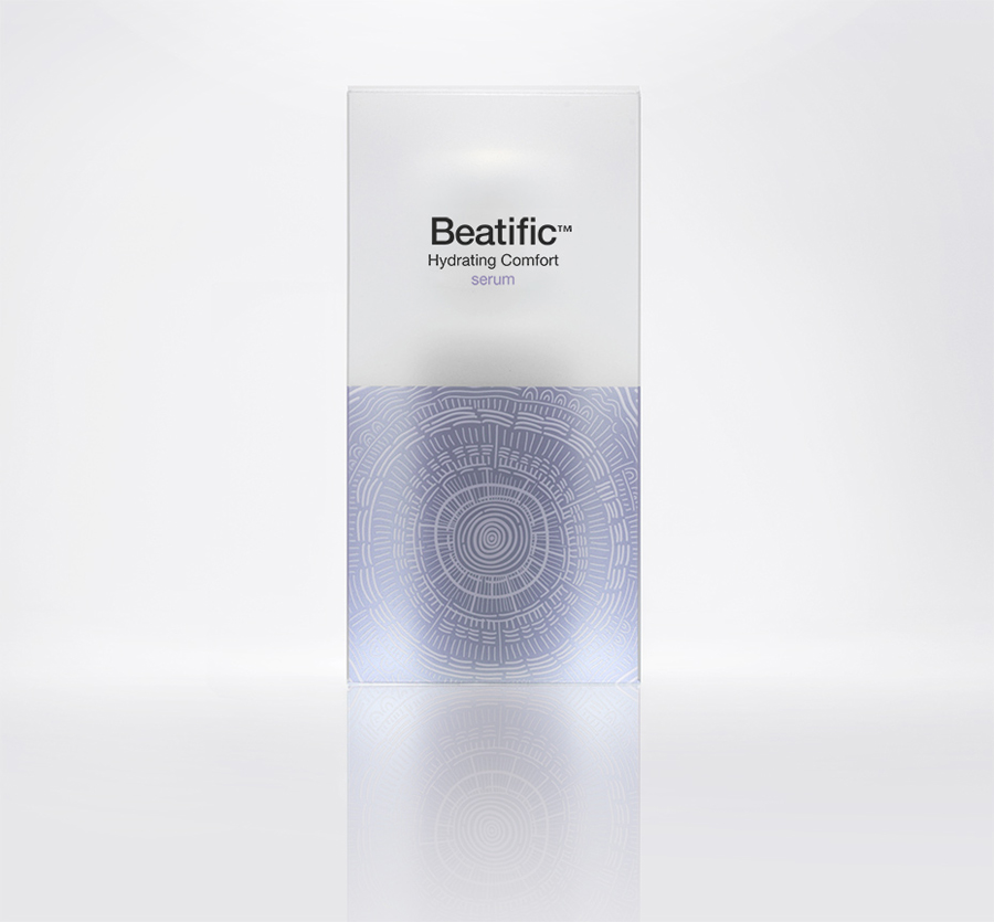 Logo and packaging with frosted plastic and illustrative detail by Mousegraphics for Hygeia Group's new skincare line Beatific