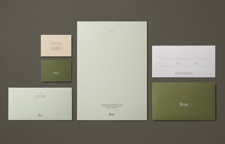 Logotype and stationery with blind deboss and coloured paper detail designed by Studio Round for restaurant Brae