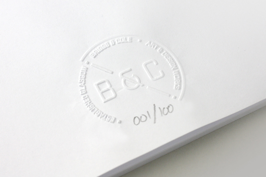 Logo as a blind emboss by Freytag Anderson for art and design partnership Briggs & Cole