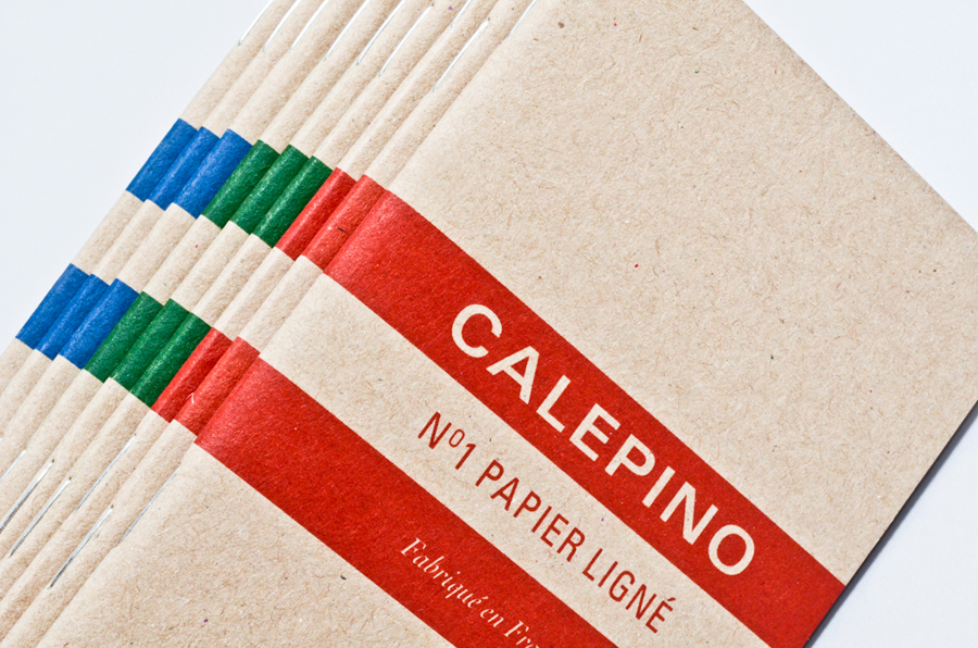 Logo and notebook packaging with uncoated, unbleached material detail designed by Studio Birdsall for French notebook brand and manufacturer Calepino