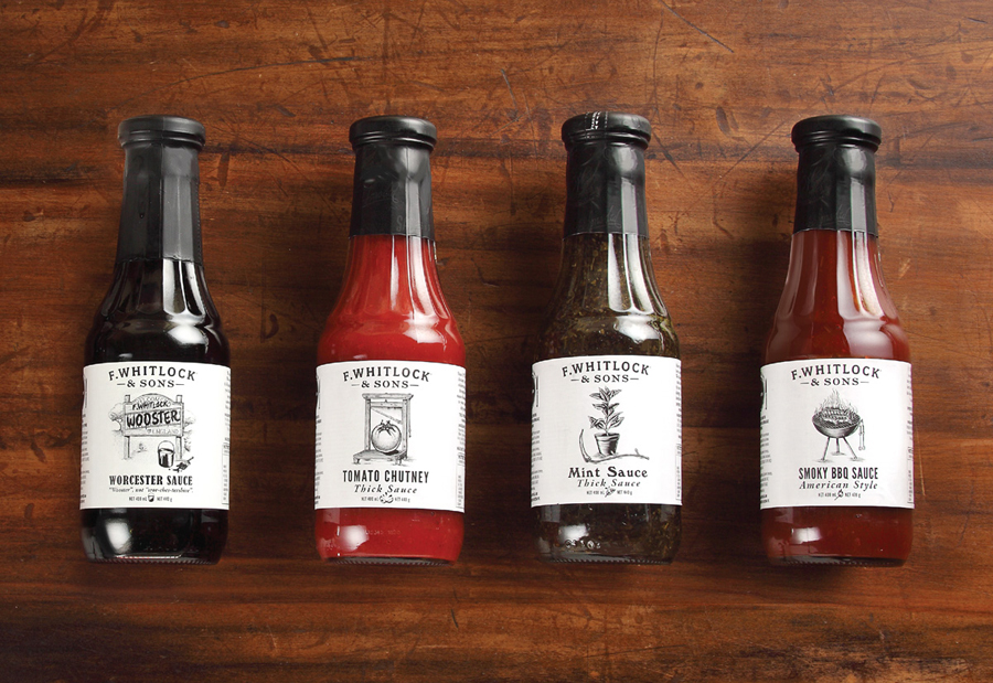 Packaging with etched illustrative detail for sauce and pickle brand F. Whitlock & Sons designed by Marx