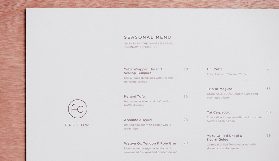 Logo and menu for specialist beef restaurant Fat Cow designed by Foreign Policy