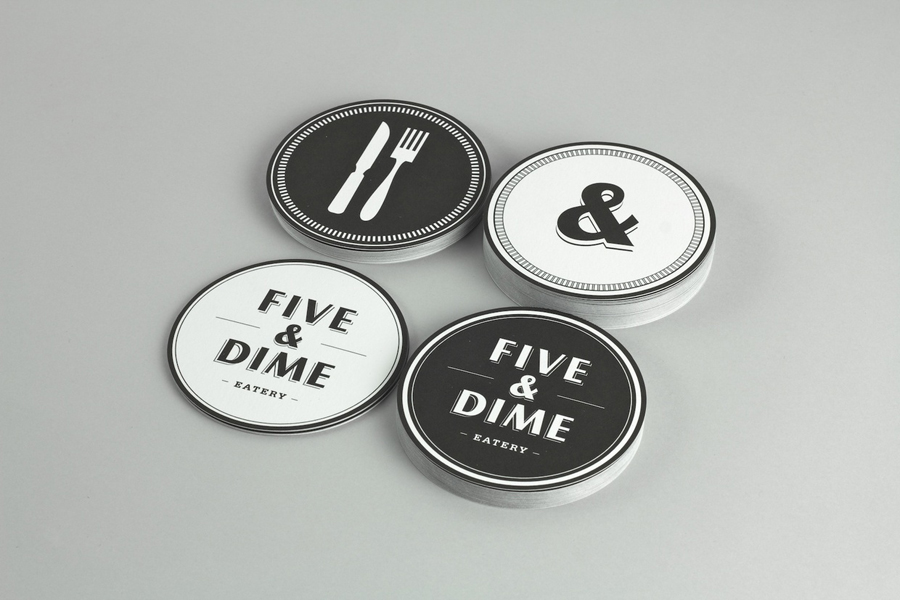 Logo design and coasters by Bravo Company for Singapore cafe and restaurant Five & Dime