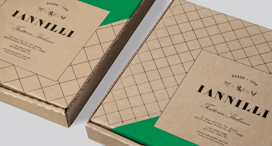 Logo and screen printed, uncoated, unbleached pizza box for Monterrey-based traditional Italian restaurant Iannilli designed by Savvy