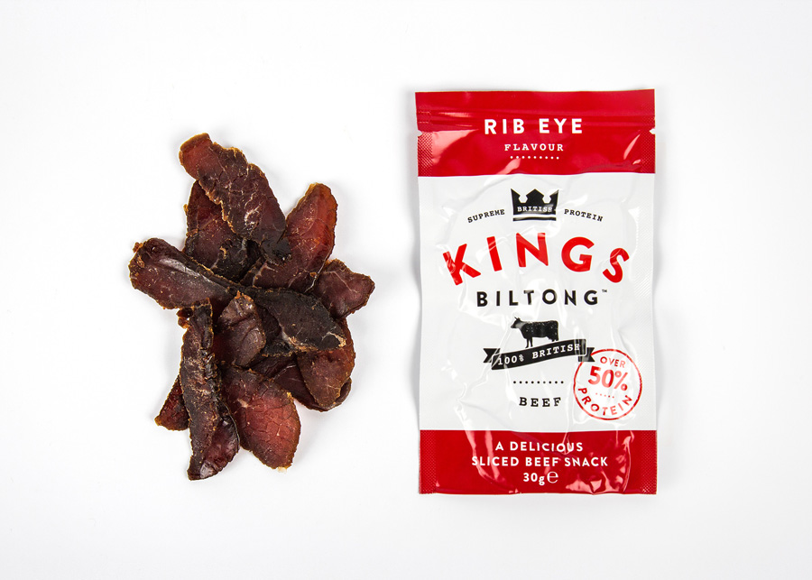 Packaging designed by Robot Food for snack and supplement range Kings Biltong