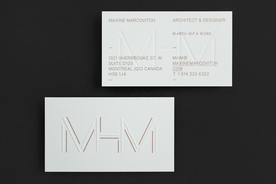  Logo and blind embossed business cards with metallic copper spot for MHM Architects by 26 Lettres