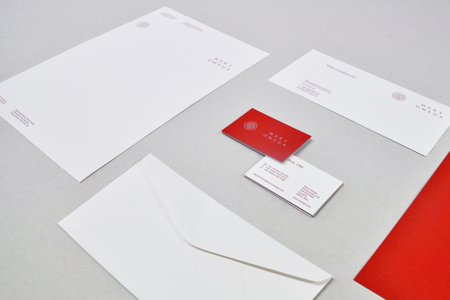 Logo and stationery with white foil detail for London-based information gathering consultancy Mars Omega designed by Igloo