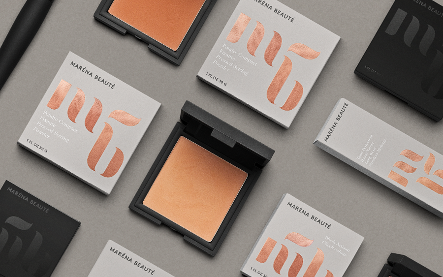 Logo and packaging with copper foil detail designed by We Are Bold for Maréna Beauté