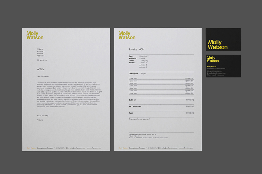 Logotype, business card and headed paper with yellow foil detail designed by Studio Blackburn for communications specialist Molly Watson