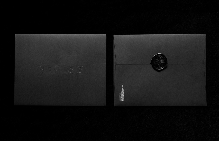 Logo and envelope with a wax seal and blind embossed detail designed by Anagrama for Latin American horror film production company Nemesis Films