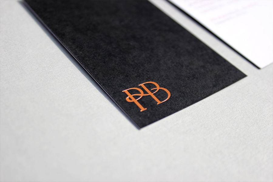 Logo and business card with copper foil detail designed by Stylo for jewellers Phillip Boulding