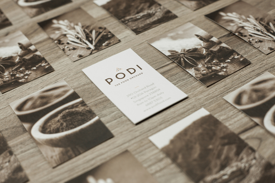 Logotype and business cards designed by Bravo Company for Singapore-based organic restaurant Podi