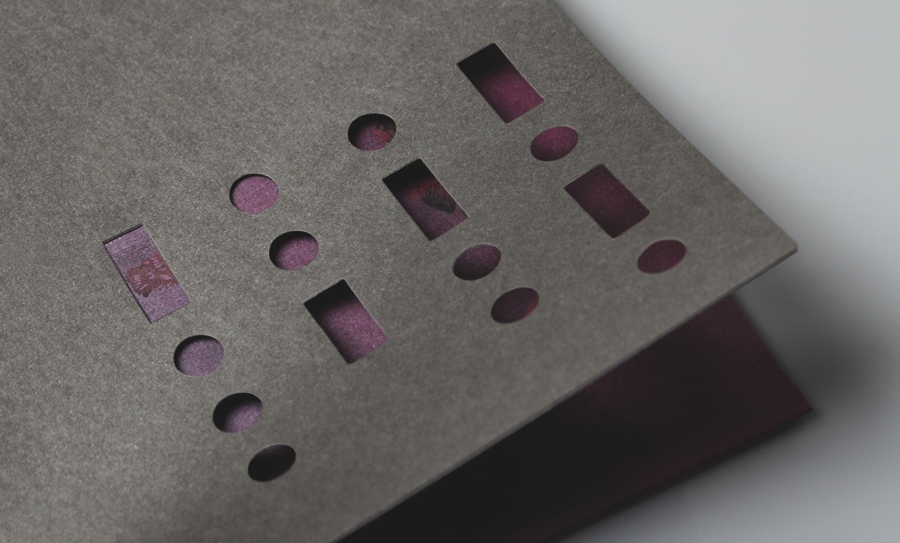 Print with black and purple paper and die cut detail for South Place Hotel's private members club designed by This Is Colt
