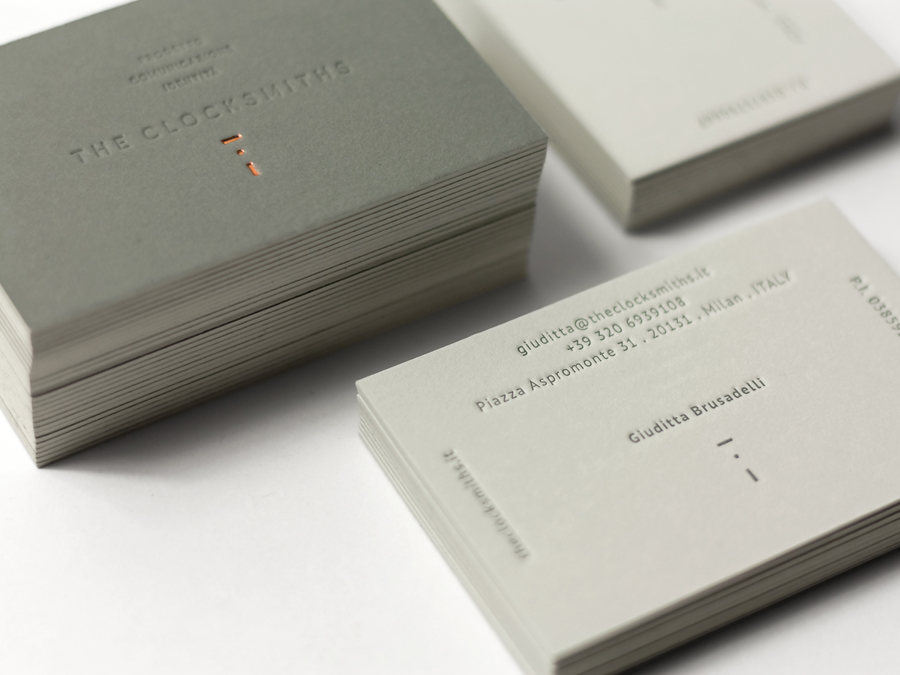 Copper foil and blind deboss business card designed by The Clocksmiths