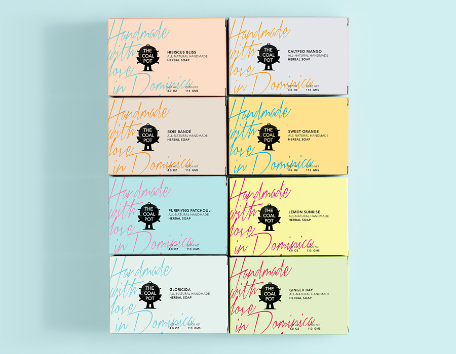 Packaging design by Port Clarendon for handcrafted soap, oil and cream brand The Coal Pot
