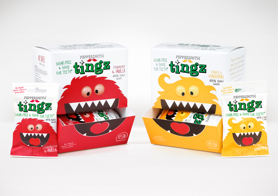 Packaging designed by B&B Studio for Peppersmith's sugar-free sweet range Tingz