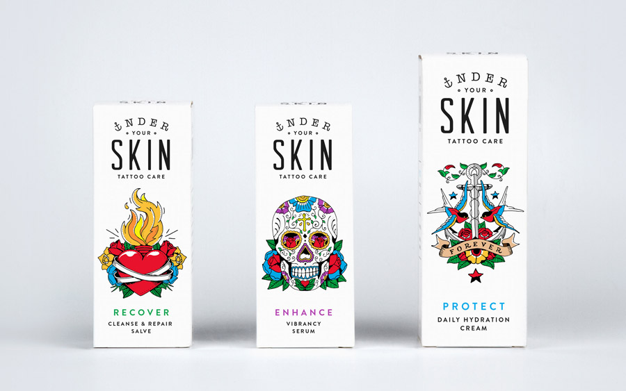 Packaging with bright illustrative detail by Robot Food for tattoo care range Under Your Skin 