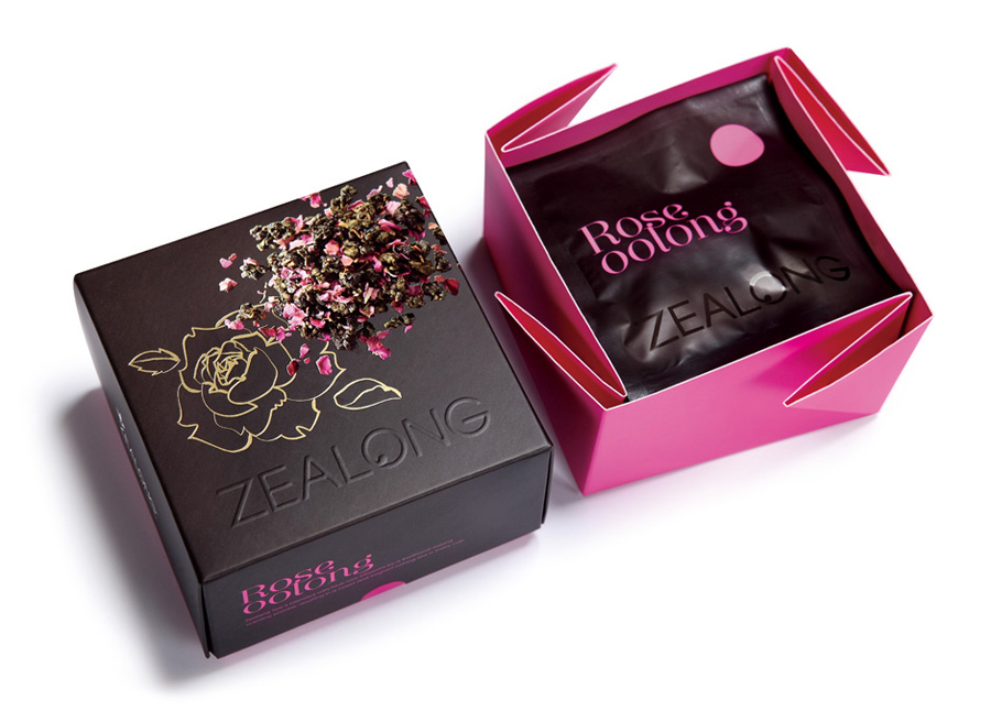 Packaging with UV varnish and blind emboss detail created by Victor Design for Zealong's oolong tea range 