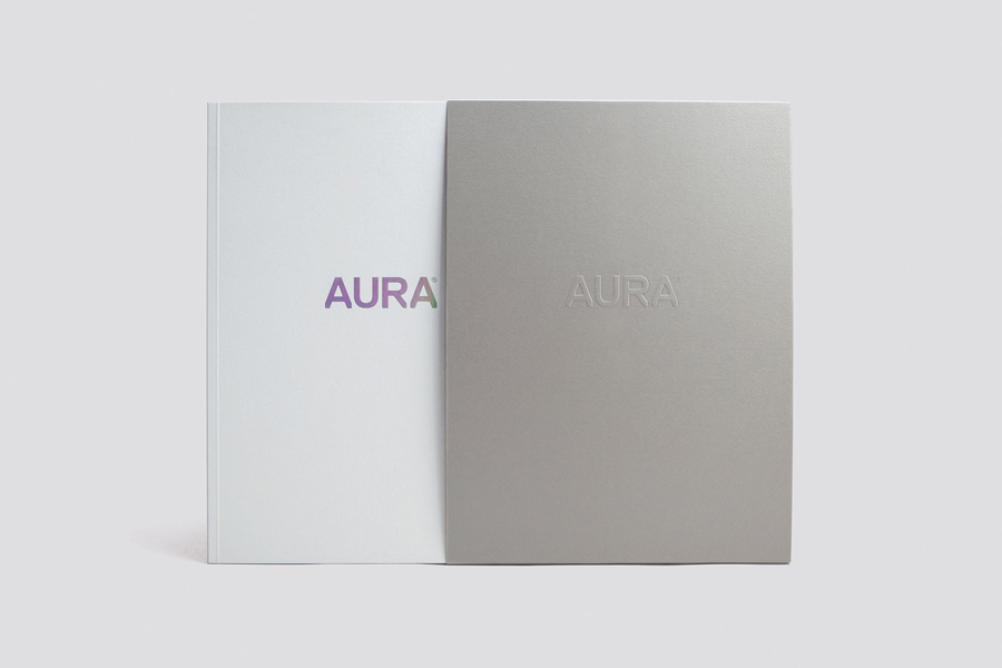 Logotype and print with holographic and blind embossed detail designed by Believe In for Lorient's door sealing system Aura.