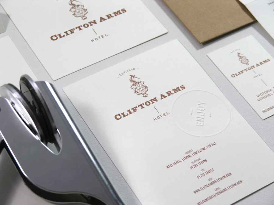 Logo, menus and stationery with copper spot and foil print treatments and emboss detail designed by Wash for the Clifton Arms Hotel.
