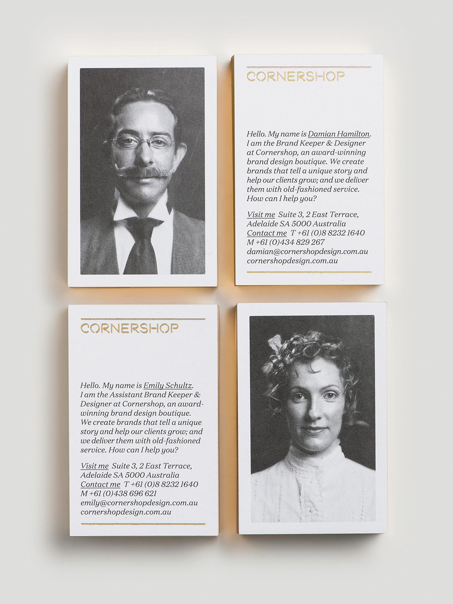 Logo and gold foil business cards with period portrait detail for Adelaide design studio Cornershop