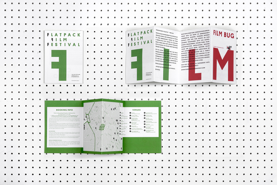 Visual identity and print designed by Dot Dash for Birmingham's Flatpack Film Festival
