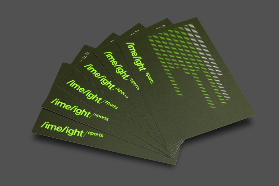 Business cards with neon ink detail for Limelight Sports designed by Studio Blackburn