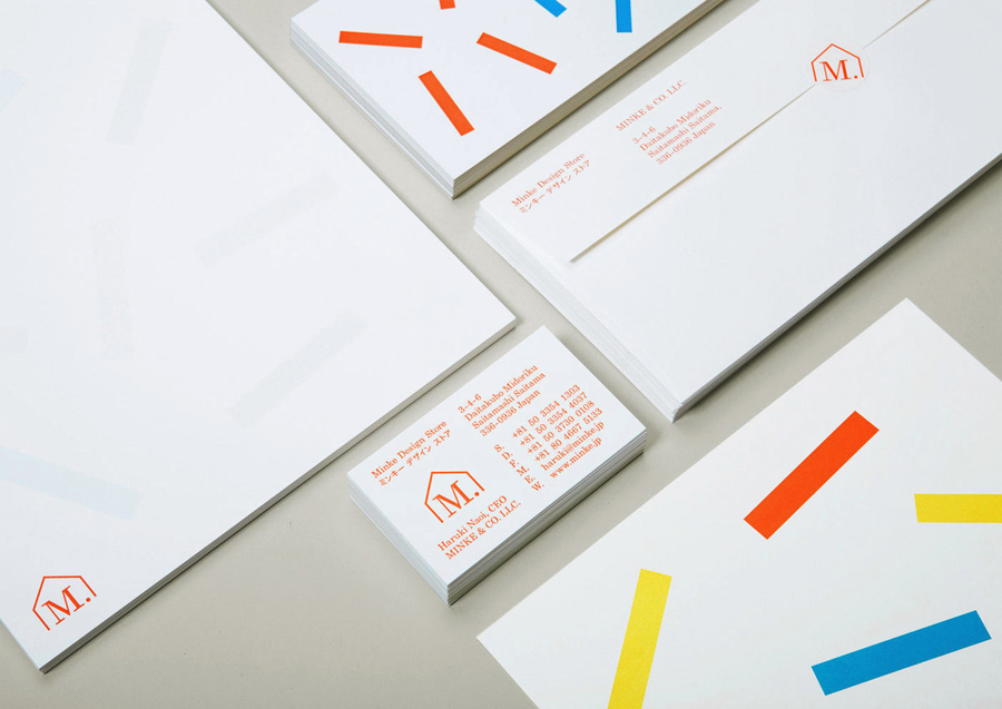 Logo, headed paper, envelope with sticker and business card designed by Studio Lin for Tokyo homeware store Minke