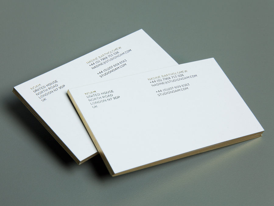 Business cards with gold detailing created by Graphical House for interior design consultancy Noam