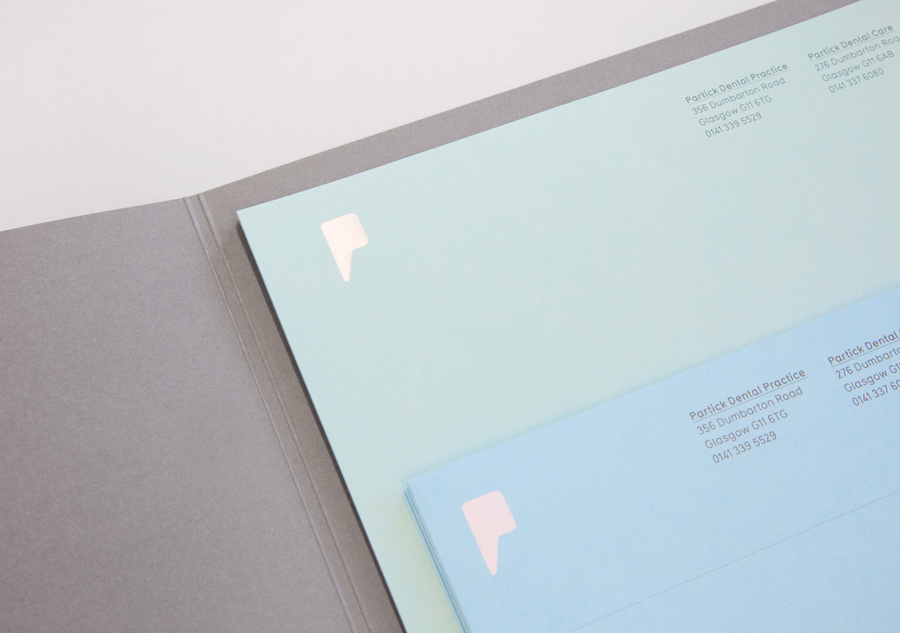 Logo and stationery with coloured paper and grey board detail designed by Freytag Anderson for Partick Dental featured on BP&O