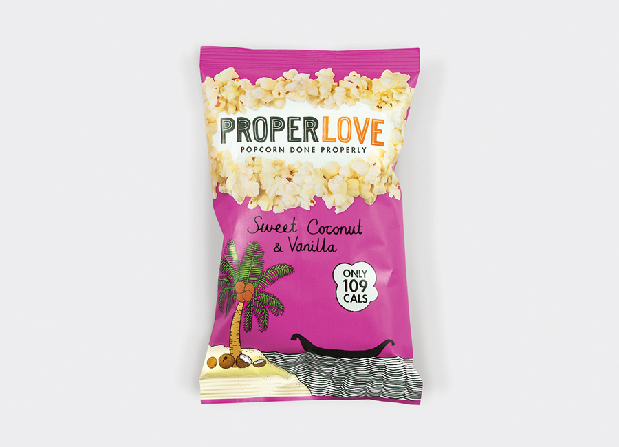 Propercorn packaging 2014 designed by B&B Studio featuring illustrative work by Zoe More O'Ferrall