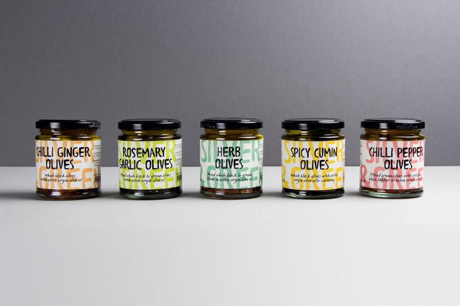 Olive packaging designed by Salad Creative for UK based Mediterranean delicacy producer, importer and wholesaler Silver & Green