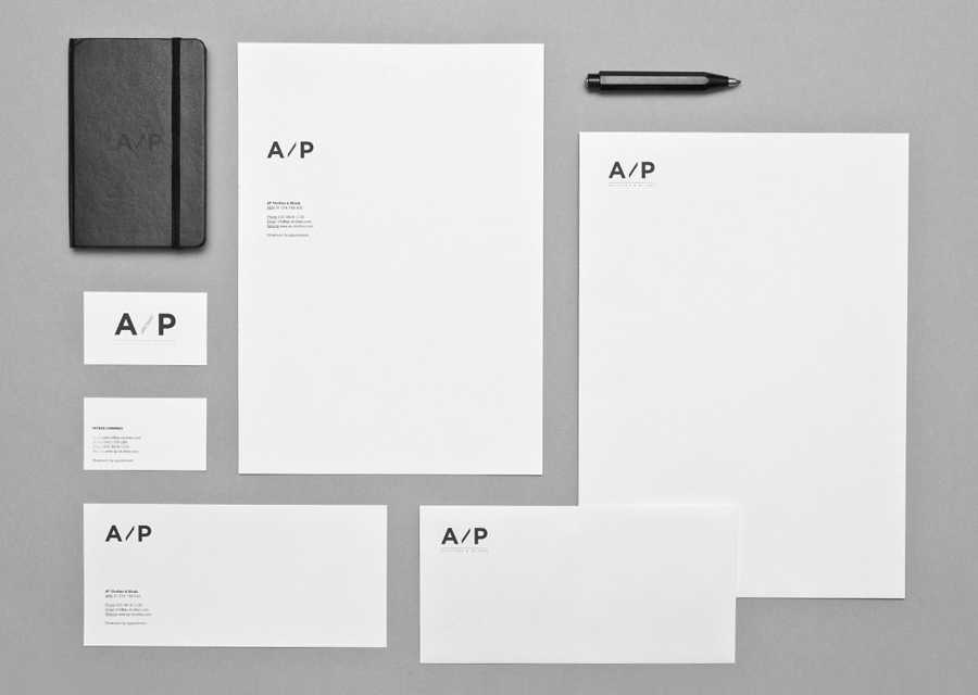 Logo and stationery designed by The Drop for AP Shutters & Blinds