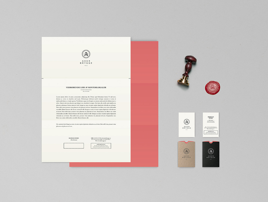 Logo and stationery design with wax seal detail designed by Bleed for the redevelopment of Oslo waterside district Aker Brygge