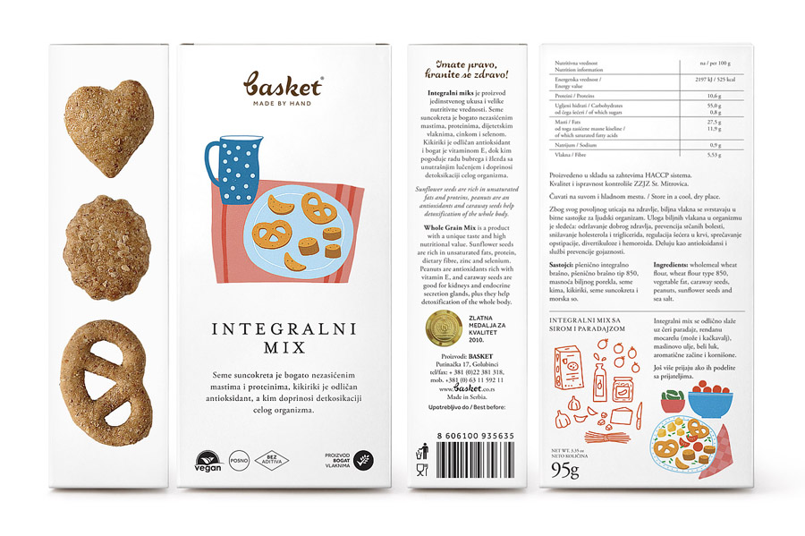 Packaging created by Peter Gregson and illustrated by Marijana Rot for Basket Snacks