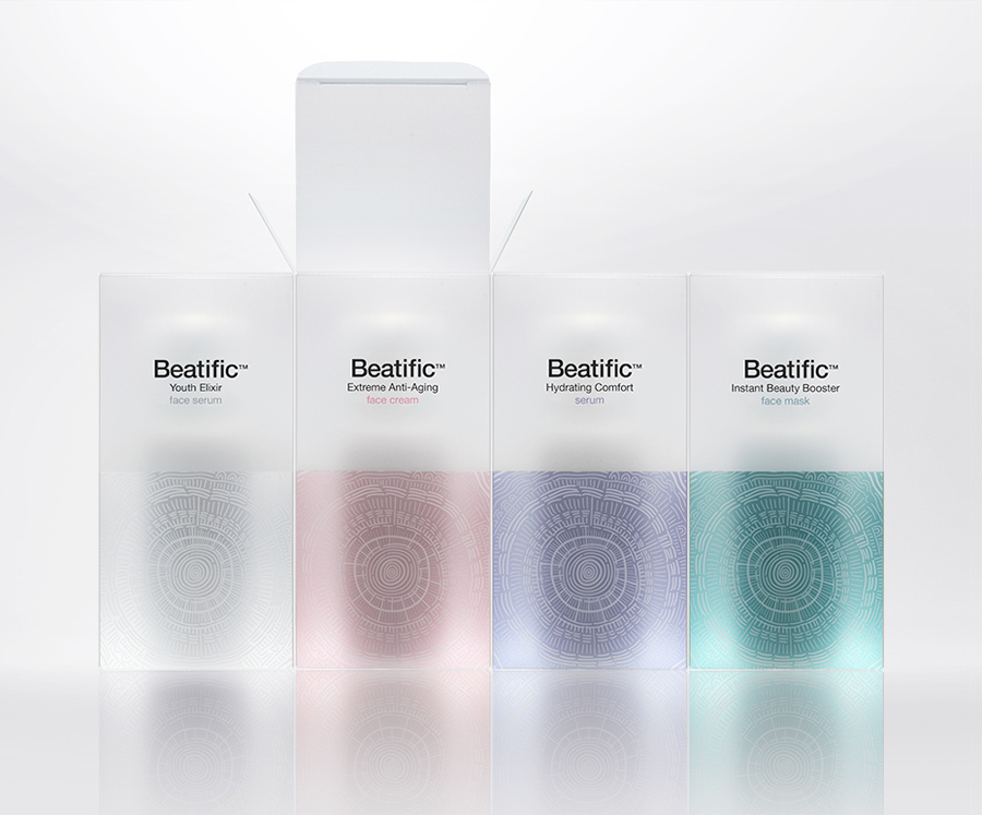 Logo and packaging with frosted plastic and illustrative detail by Mousegraphics for Hygeia Group's new skincare line Beatific